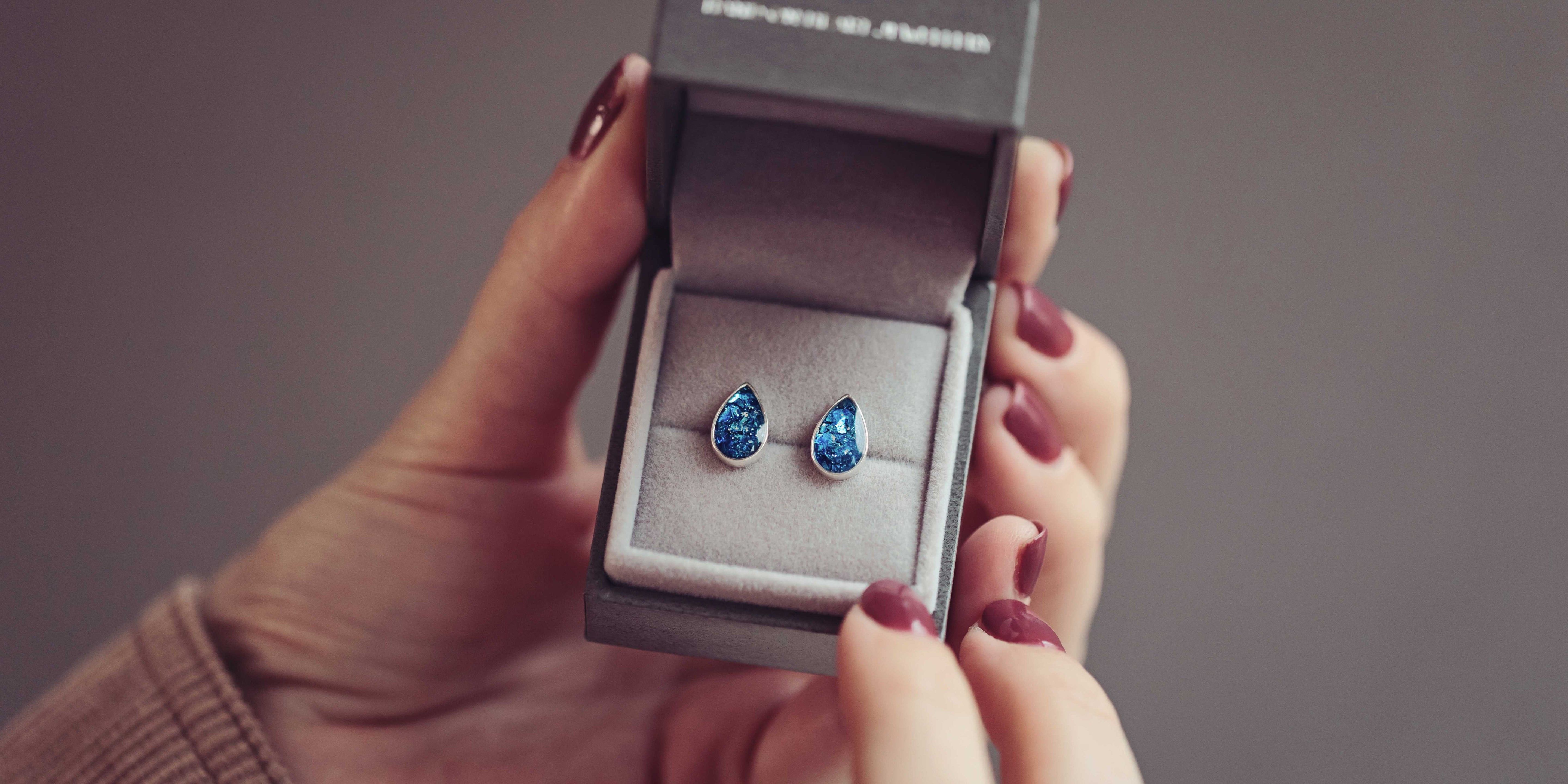 Teadrop shaped earrings made from Pet Cremation Ashes in a jewellery box