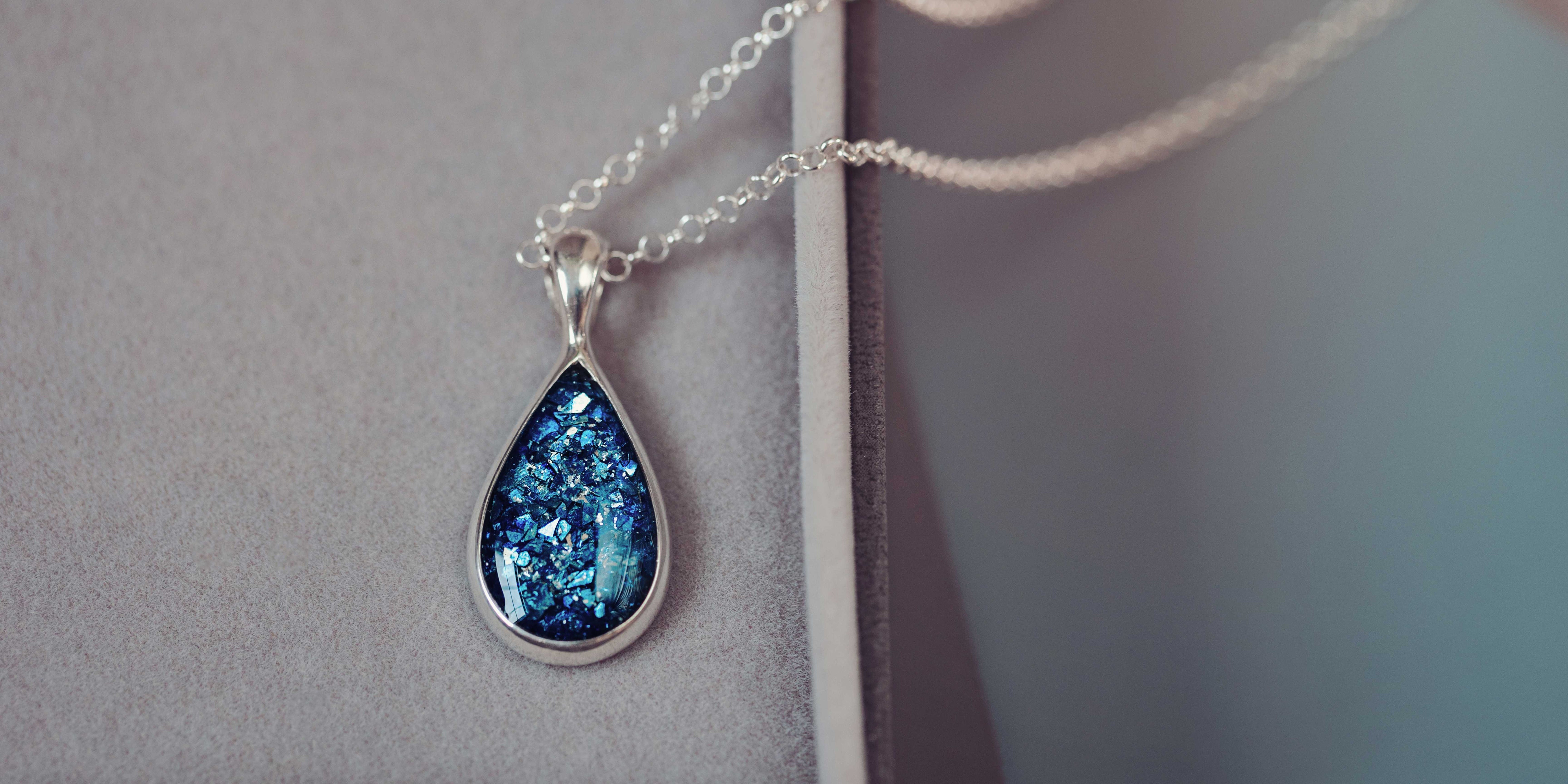 A Teardrop Pet Cremation Ashes Necklace in Blue