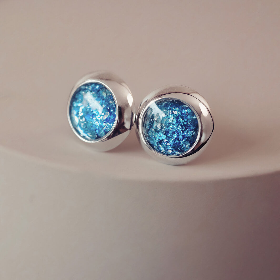 Blue Cremation Ashes Round Earrings Studs