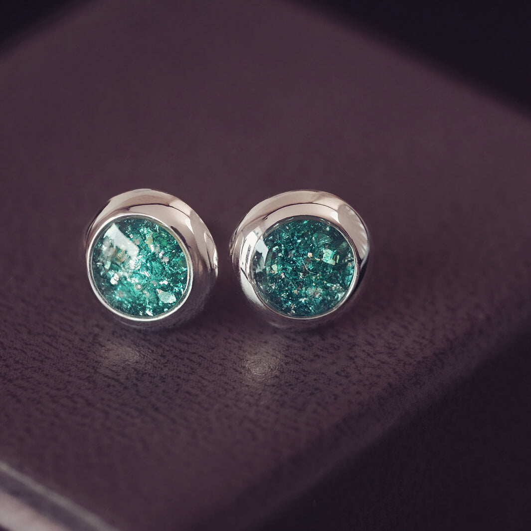 Green Cremation Ashes Round Earrings Studs