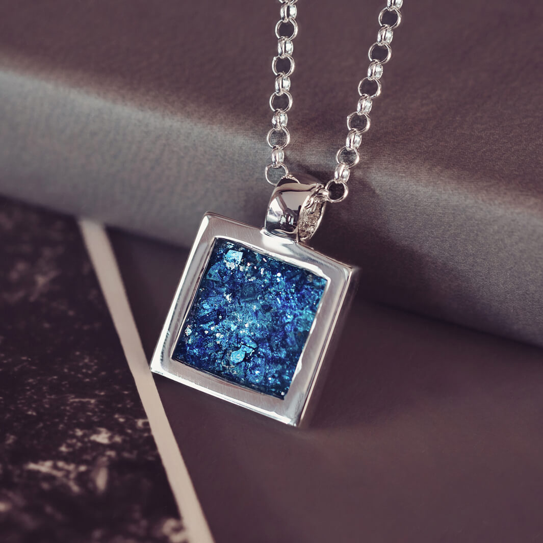 Cremation Ashes Square Pendant Necklace Blue