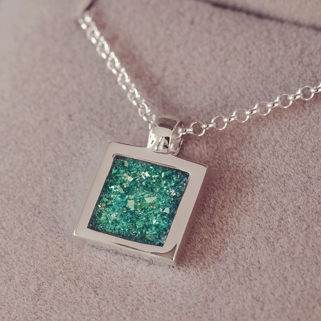 Cremation Ashes Square Pendant Necklace Green