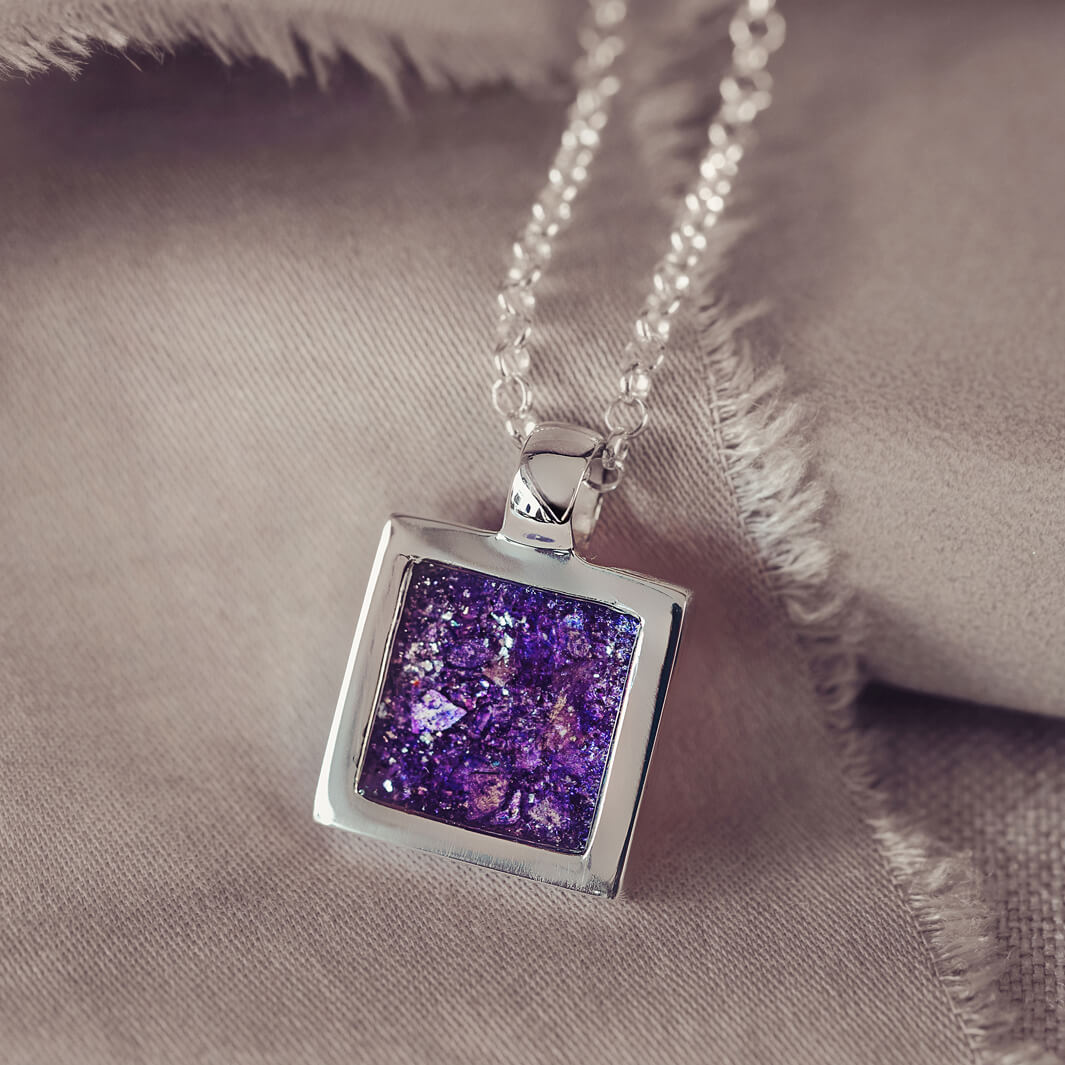 Cremation Ashes Square Pendant Necklace Purple