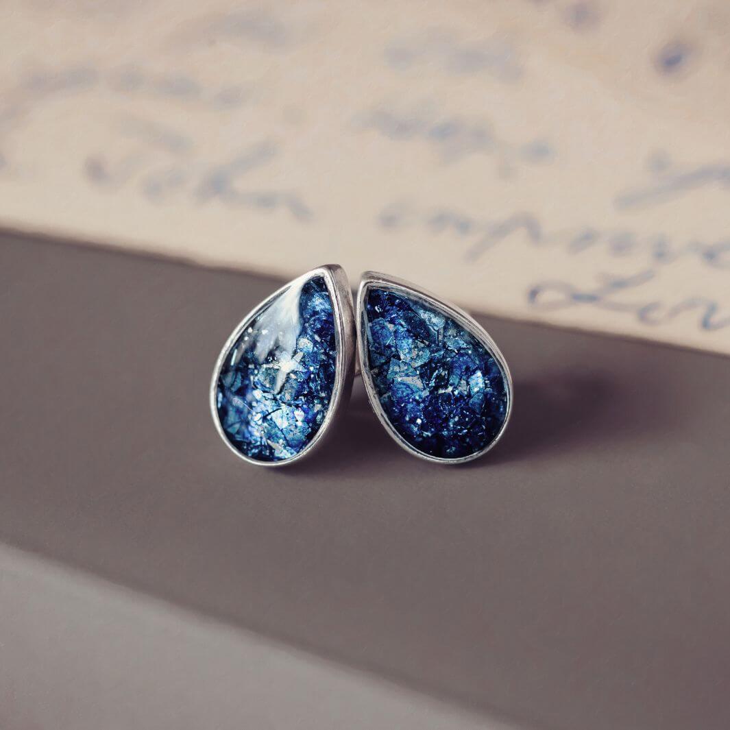 Cremation Ashes Teardrop Earrings Blue