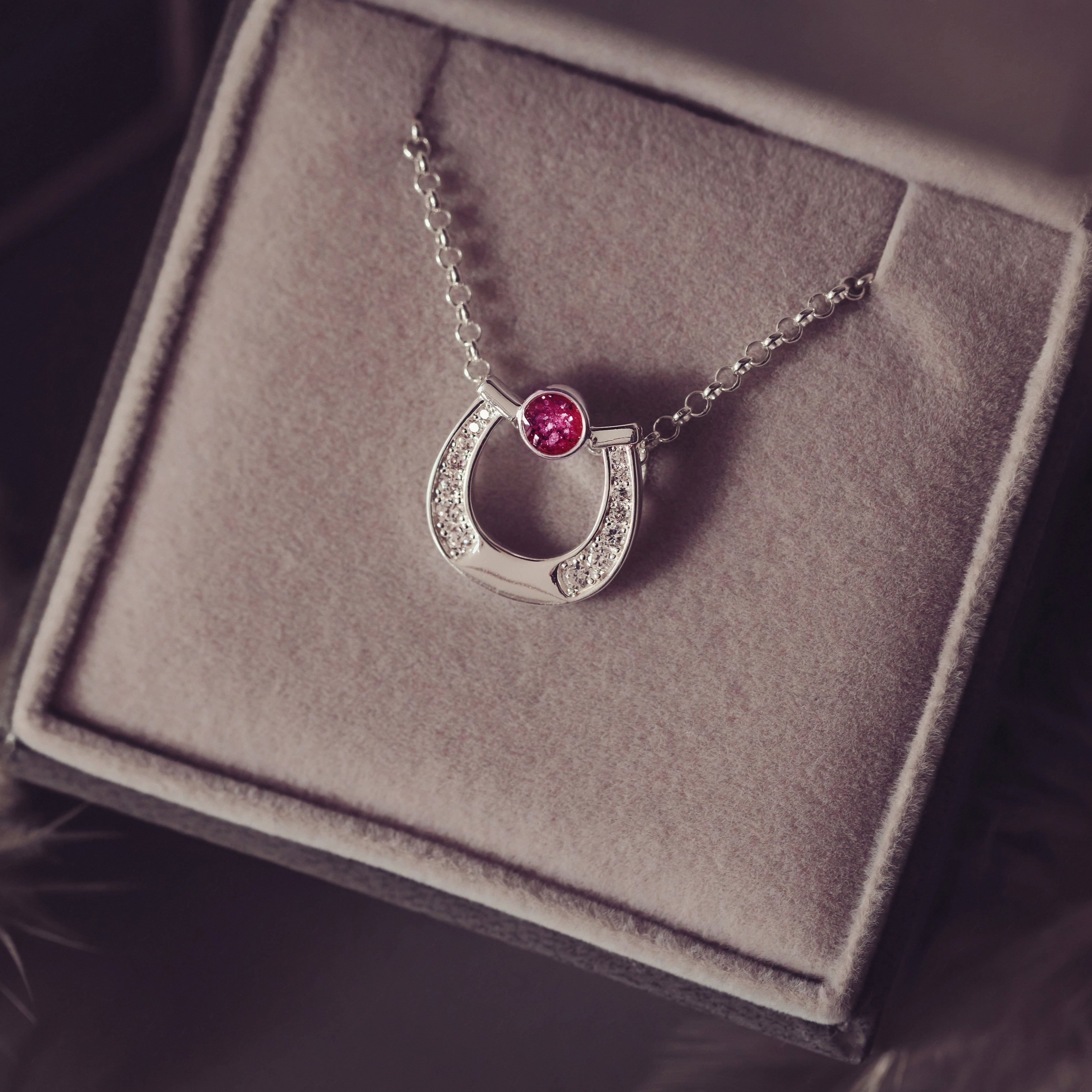 A horse shoe necklace with a small circle of pink crystals containing horse hair