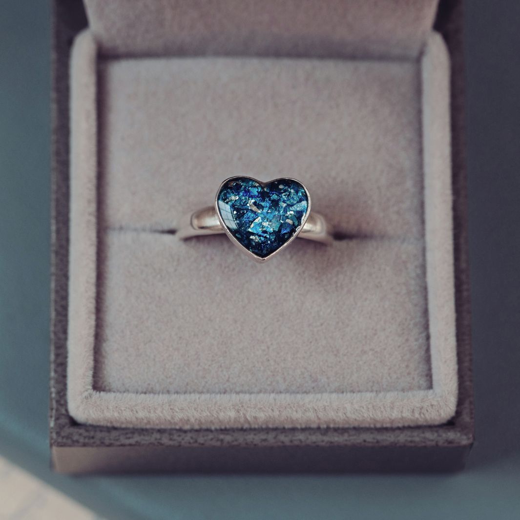 Memorial Ashes Heart Cremation Ring Blue