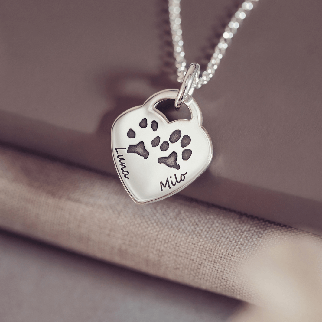 Pawprint Lock Heart Necklace, Two Prints and Two Names