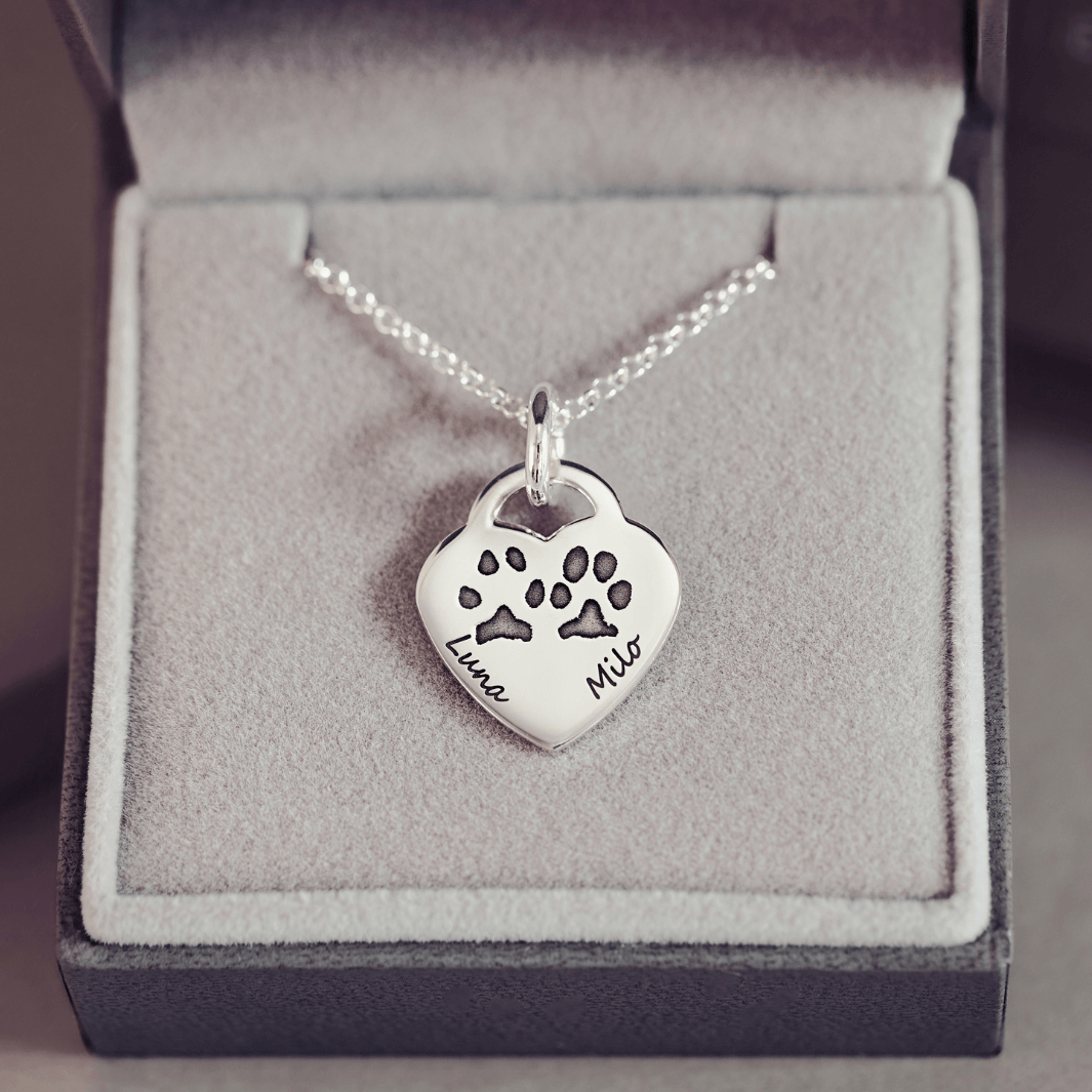 Pawprint Lock Heart Necklace, Two Prints and Two Names