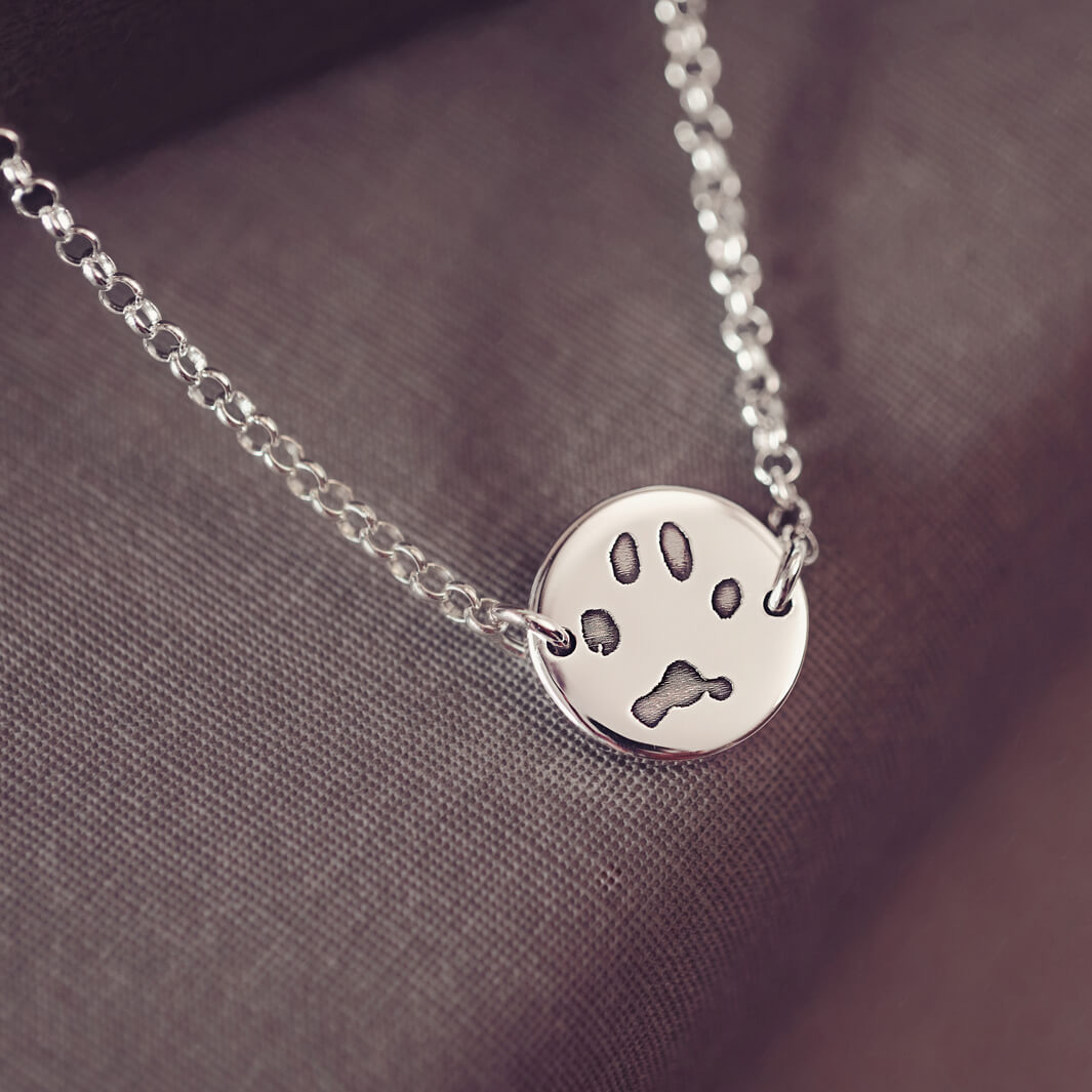 A round silver pendant bracelet featuring a detailed engraved pawprint, displayed on a delicate silver chain. The necklace rests in an elegant, soft velvet jewellery box