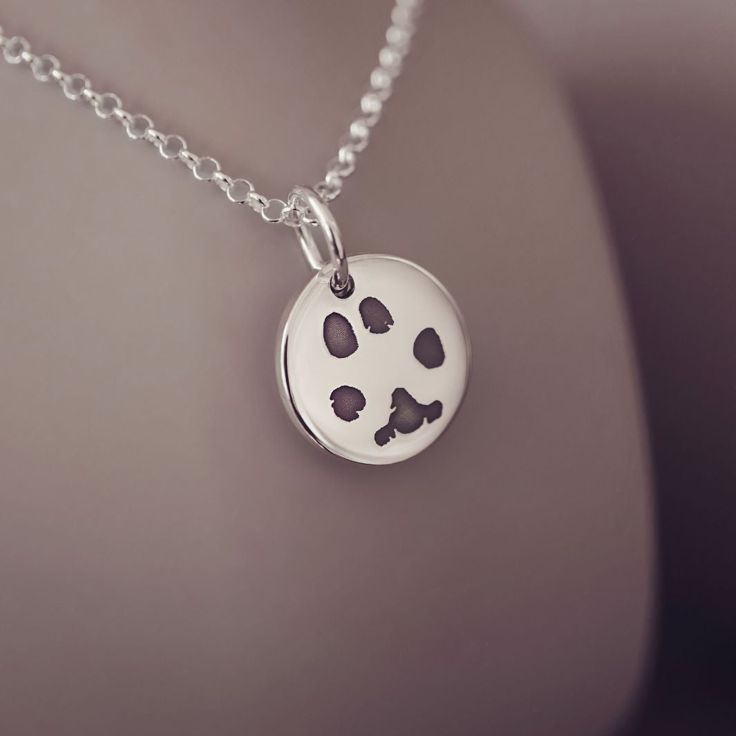 Round sterling silver charm on a silver chain, the charm features an imprinted pawprint in black. The necklace is on a pinky-grey background