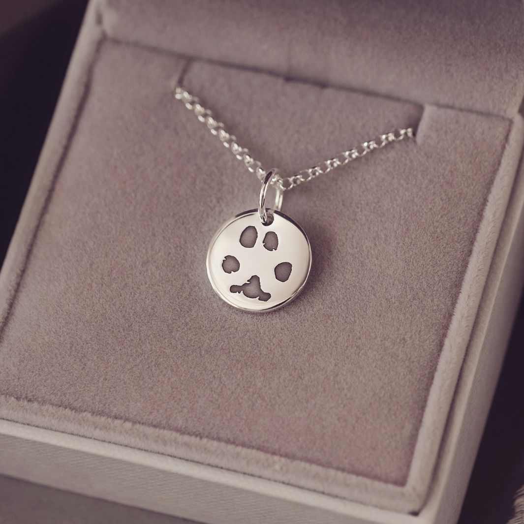 Round sterling silver charm on a silver chain, the charm features an imprinted pawprint in black. The necklace is in a grey jewellery box.