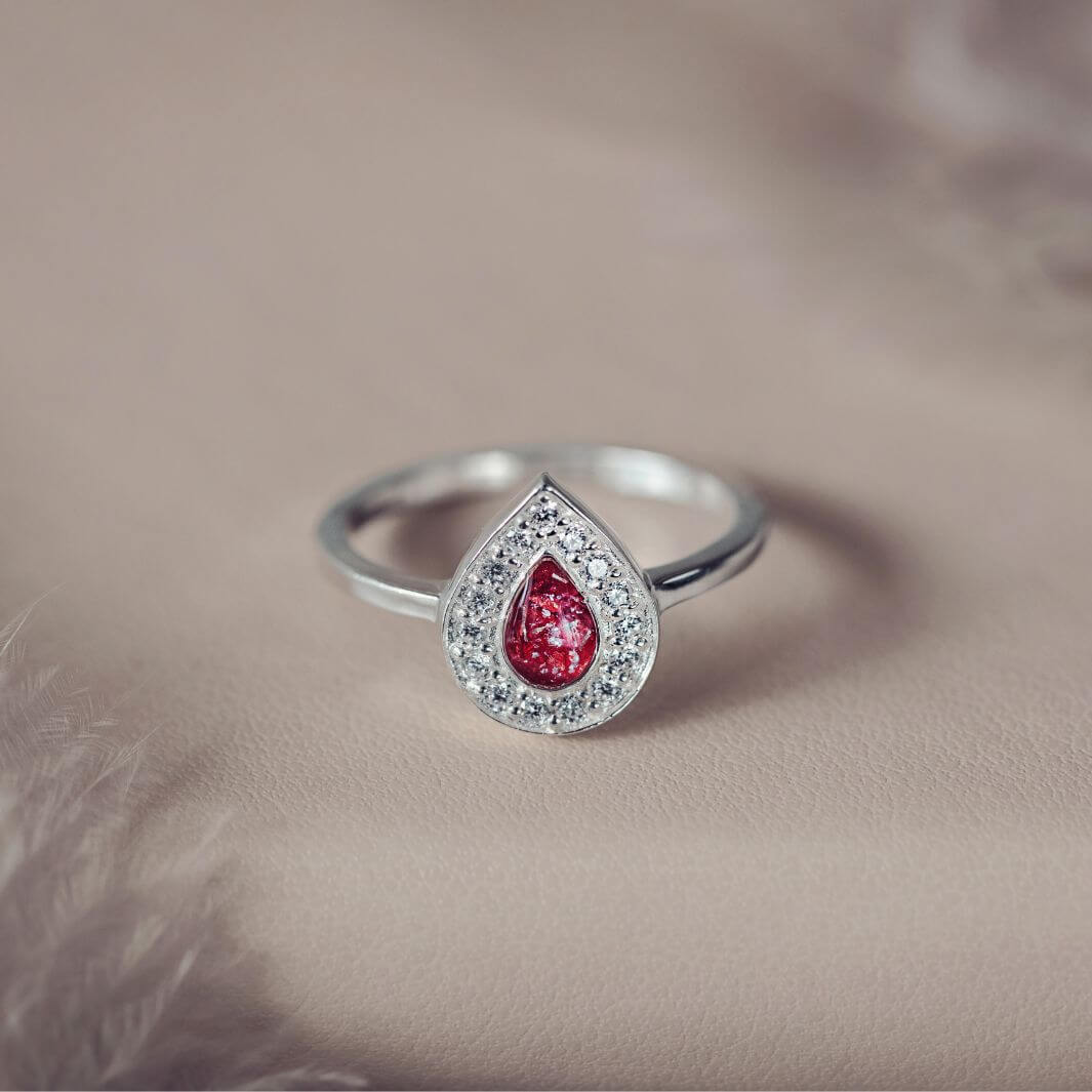 Memorial Ashes Teardrop Sparkle Ring Red