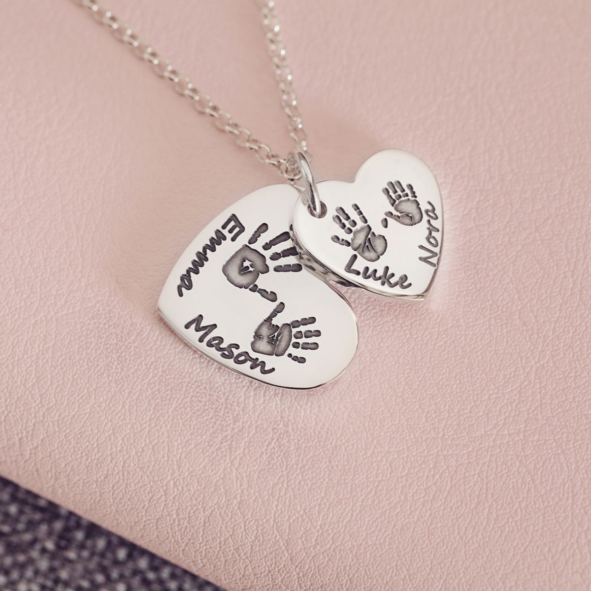 Handprint or Footprint Descending Heart Necklace, Four Prints And Four Names Necklace Handonheartjewellery